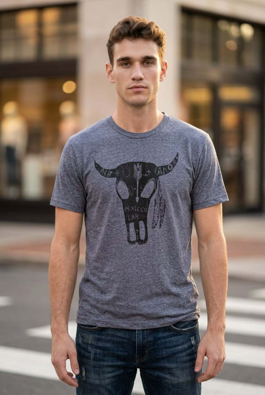 BOGO Pajaro Graphic T-Shirt with Cow Skull Design in Heather Gray